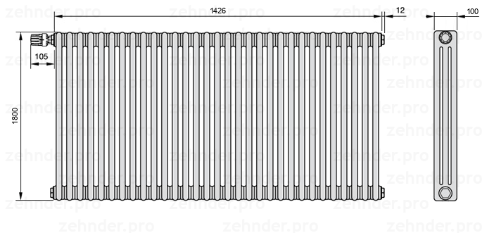 Схема (чертеж) Радиатор Zehnder Charleston 3180/31 №V011 Белый глянцевый RAL 9016